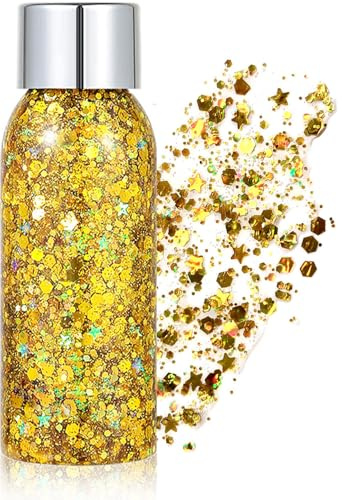 Glitzer Gesicht Gold, Body Glitter Gel, Meerjungfrau Glitzer Make Up, Festival Glitzers Gesicht Gel, Schminke Karneval Glitzers für Festival, Musikfestivals, Party, Masquerade, Body/Face/Haare/Lippen