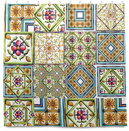 JUNZAN Maiolica Italiana Piastrelle Ornamento Floreale Tenda Doccia Impermeabile Casa Bagno Decorazione Con 12 Ganci Standard 72 x 72