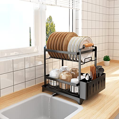 Santentre 2 Niveles escurreplatos con portautensilios extraíble,escurridor de Platos para Ahorrar Espacio y decoración de cocinas,Resistente al óxido Acero Carbono Escurridor de Platos,Negro