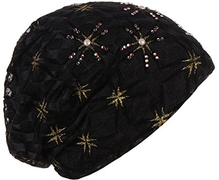 Beanie Mütze Damen Spitzen Chemo Hut Frau Hut Kopftuch Super Weich Slouchy Turban Kopfbedeckungen Kop Wraps für Haarausfall, Kreb, Chemo Schwarz