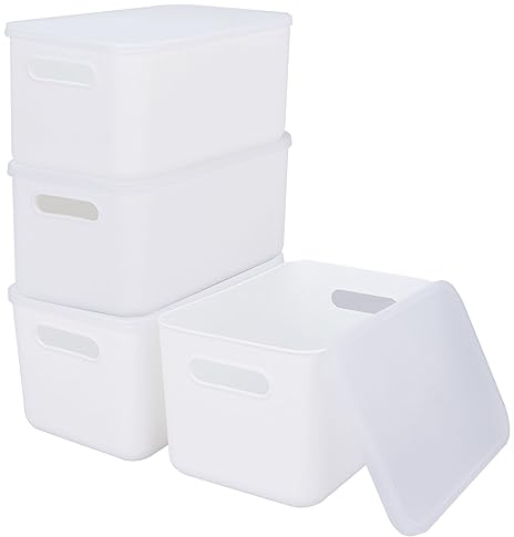 WOPPLXY 4PCS White Storage Boxes with Lid - 6.5L Stackable, Durable Boxes - White Plastic Storage Box with Lid for Desktop, Bathroom, Kitchen, Home and Office