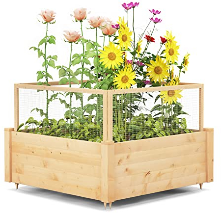 COSTWAY Hochbeet mit Gitterzaun, Pflanzkasten aus Holz mit 4-seitigem Zaun und 9 Pflanzflächen, Schutz vor Tierschäden, Blumenkasten für Gemüse, Obst, Kräuter, 107 x 107 x 70 cm