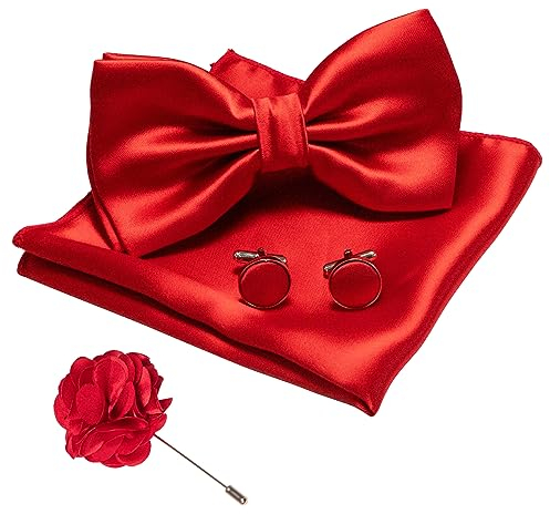 JEMYGINS Herren Fliege Satin Rot (7) Fliege und Einstecktuch mit Manschettenknöpfe Brustblume Sets