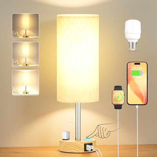 Kakanuo Lampe de Chevet Tactile avec Ports de Charge USB-A+C+Prise, Intensité Variable 3 Voies, Abat-jour en Tissu de Lin, Petite Lampe pour Chambrer Salon D'enfant Bureau (Ampoule Incluse)