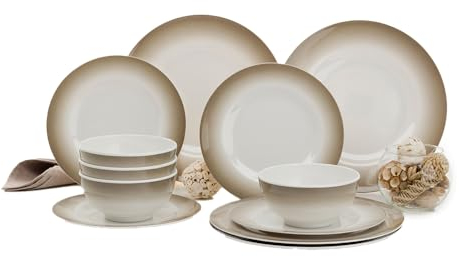 FLAMEFIELD Royale Ecru - Juego de comedor de melamina de 12 piezas, lujosa vajilla blanca y beige para exteriores, yate y camping, elegante juego de platos y cuencos, resistente a los golpes, apto