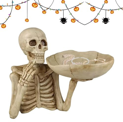 Anloximt Schädel-Schlüssel-Tablett Totenkopf-Aufbewahrungstablett Skelett Süßigkeiten Schale Tablett Schädel-Schmuck-Tablett Eingang Schlüssel Tablett für Home Halloween Dekoration