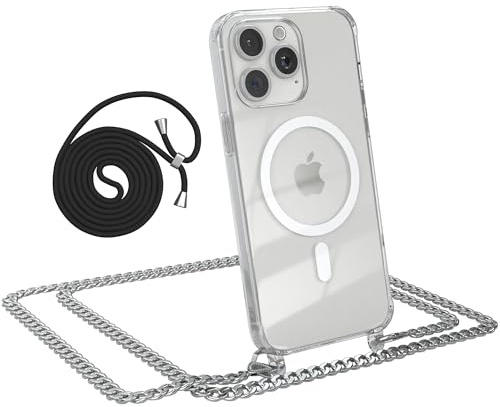 EAZY CASE - Handykette kompatibel mit iPhone 15 Pro Max Kette zum Umhängen Stoßfest Handyhülle für iPhone 15 Pro Max Silikon Hülle mit Band aus Metall Transparent als Fallschutz in Metall - Silber