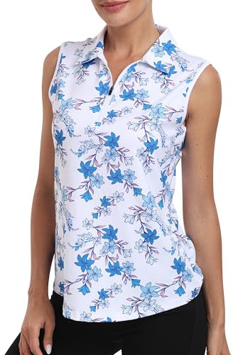 MoFiz Womens Golf Polo Shirts Sleeveless Gym Tennis Golf Top Summer Breathable Casual Work Sports T-Shirt with 1/4 Zip Blue-Flower Size US M