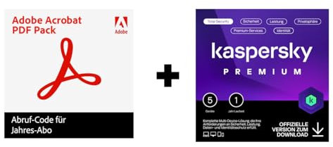Adobe Acrobat PDF Pack + Kaspersky Premium Total Security 2024 | 5 Geräte | 1 Jahr | Unbegrenzter VPN | Passwort-Manager | Kindersicherung | 24/7 Unterstützung | Code per Email