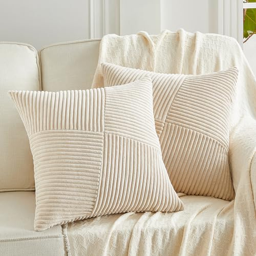 FDTERN 2er Set Khaki Boho Dekorativ Kissenbezug 50x50 mit Diagonales Gestreiftes Muster Weich Kordsamt Kissenhülle Zierkissenbezüge Sofakissen Dekokissen Deko für Sofa Schlafzimmer Wohnzimmer