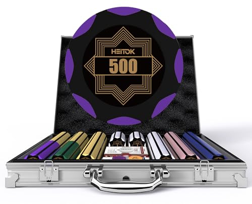HEITOK Pokerchip-Set 500 Stück mit nummerierten Bezeichnungen für Casinospiele, inklusive professioneller Tragetasche und professionellen Gewichts-Chips Plus