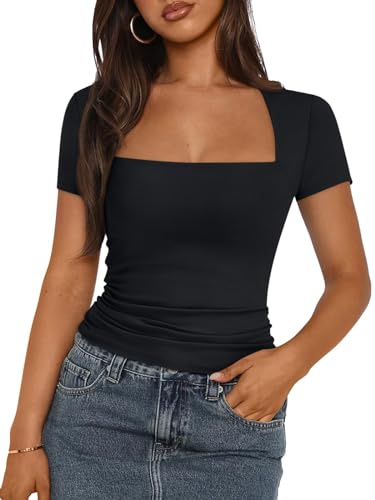 Timuspo Damen T-Shirt Kurzarm Eckiger Ausschnitt Crop Tops Casual Basic Shirt Slim Fit Y2k Oberteile Sommer Eng Sexy Tee Outfit Streetwear