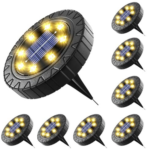 CGN 8 Piezas Luces Solares LED Exterior Jardin Suelo, IP68 Impermeable Luz Solar Exterior Jardin, 8 LED Lamparas Solares Suelo para Césped, Patio, Camino, Escalón (Blanco Cálido)