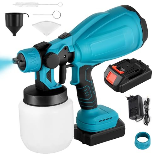 Aofesel Pulvérisateur à Peinture sans Fil, 500W Pistolet à Peinture Électrique HVLP avec Réservoir d'eau de 1000ML, 3 Buses, pour Extérieure, Maison, Armoires, Clôtures, Plafond (Bleu)