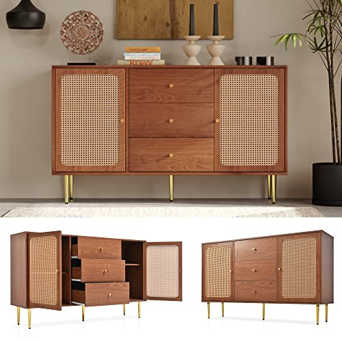 VSOGA Kommode mit 2 Türen und 3 Schubladen, Rattan Türkommode, Verstellbare Ablagen, Nussbaum, H90/B150/T40 cm