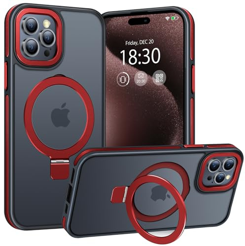 BENTIACC Magnetic Stand Case for iPhone 15 Pro Max, Red | Military Drop Protection, Shockproof Anti-Fingerprint Matte Phone Case with Ring, Hands-free Cover for Video Work