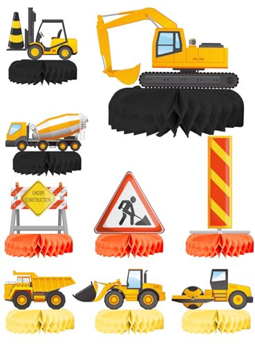 CHALA 9 Stück Baustelle Geburtstag Deko Bagger Deko Kindergeburtstag 2 3 4 Jahre Baufahrzeug Waben Tischdeko Jungen Truck Barrikade Fahrzeuge Bienenwabe Tischaufsätze für Kinder Geburtstagsparty Deko