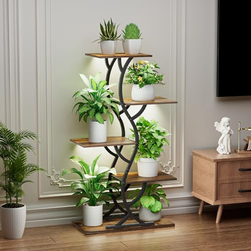 BACEKOLL Soporte para plantas con luz de crecimiento, 5 niveles, 110 cm, metal y madera, estantería para plantas para interior y exterior, color negro