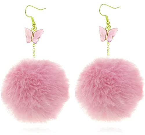 Ohrringe für Damen, Schmetterlinge mit Pompon-Anhänger, Kunstfell, flauschige Ohrringe, farbige Pompon-Ohrringe, geeignet für Mädchen, Edelstahl und Plüsch