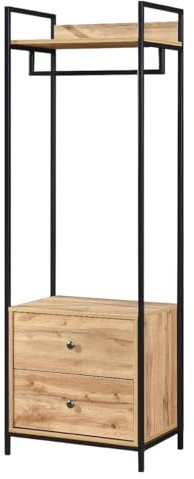 Swish Furniture Alva 2 Drawer Open Wardrobe, Oak Heavy Duty Clothes Rail, Black Metal Frame, 180H x 42.5D x 60Wcm, Clothes Rails for Bedroom, Wardrobes for Bedroom, with Shelf