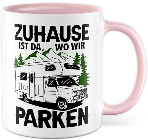 Camping Zubehör Tasse mit Spruch - Zuhause ist da, wo wir parken - Kaffeetasse 330ml aus Keramik - Camping Geschirr Geschenk für Camping Abenteuer Kaffee-Becher