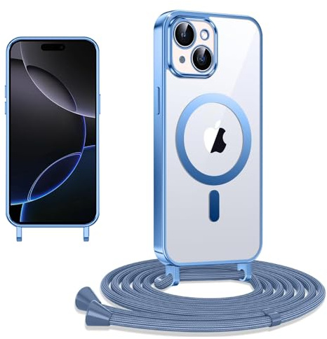 CaseLover Case with Cord Compatible with iPhone 15, Magnetic Cell Phone Case Transparent Silicone Case with Adjustable Necklace Phone Chain Lanyard Case Cover, Blue