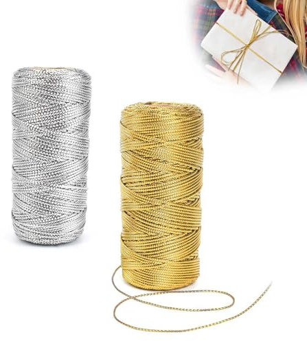 2 Rotoli Filo d'oro Spago Dorato, Lunghezza Totale 200m Fettuccia Oro, 1.5mm Cordoncino, Filo di Poliestere, Oro e Argento, per Confezioni Regalo, Filo per Etichette, Artigianato Fai da te