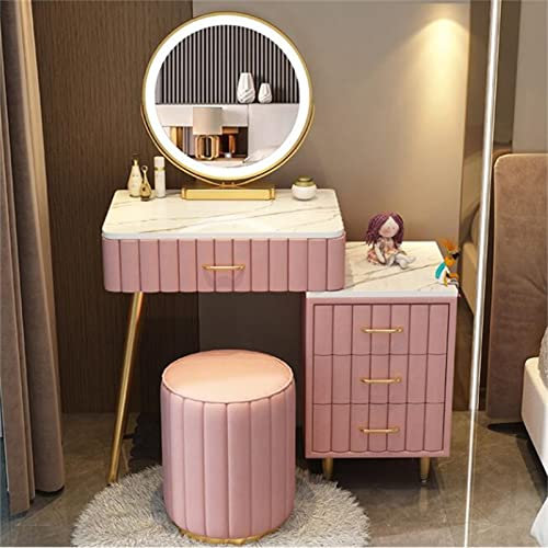 KKTX Toilette per Camera da Letto Tavolo da Trucco, Toeletta Moderna con Specchio E Sedie Comò per Cameretta per Ragazze 60 Cm,Pink