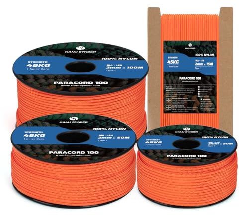 Kamu Synber 2mm Paracord 15M 100% Nylon Seil Reißfeste Schnur mit 1 Kern Typ I Allzweckseil für Basteln, Outdoor, Camping, Survival | Tragkraft 45kg | Orange