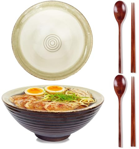2 Sets 1000 ml Ramen Bowl mit Löffel und Essstäbchen, Ramen Schüssel Keramik, Suppenschalen Rührschüsseln, Japanische Suppenschüssel, Salatschale für Nudeln (Gradient Gold)