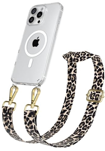 EAZY CASE Handykette - Verstellbares Taschenband kompatibel mit iPhone 16 Pro Max, Schulterriemen, Handykordel mit Silikon Hülle, Qi Charging kompatibel, Umhängetasche, Leo - Schwarz Beige Gold