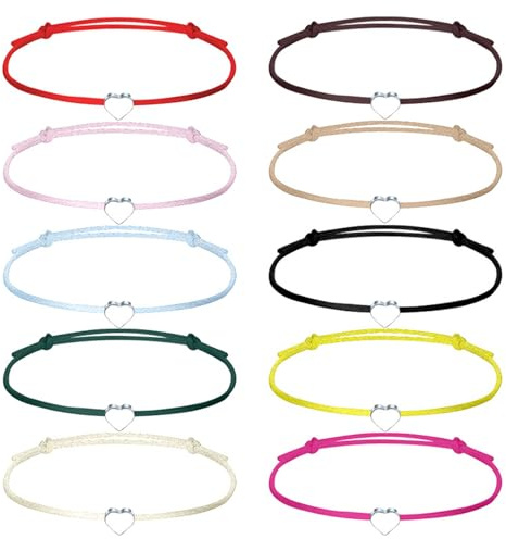 Toumett Friendship Bracelets,10 Pcs Adjustable Handmade Heart Rope Bracelets for Girls,Simple Girls Bracelets,Wish Bracelet,Colored,for Women Kids Birthday,Lover,Christmas Valentine Thanksgiving Gift