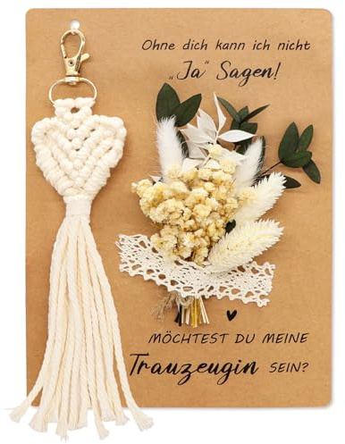 Forbabe Trauzeugin Fragen Geschenk, Personalisiertes Brautjungfer Fragen Geschenkbox Inklusive Möchtest du Meine Trauzeugin Sein Karte Trockenblumenstrauß und Schlüsselanhänger boho Makramee