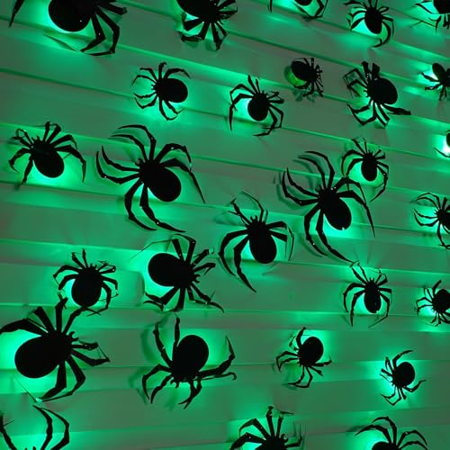 24 Stück Halloween Deko, Halloween Spinnen LED Deko, Kunststoff Spinnen Deko, Fensterdeko Outdoor,Indoor,Garten,Party Dekorations, Sticker (Spinne)
