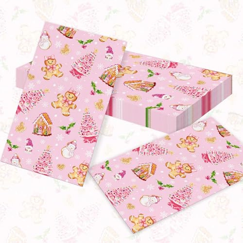 40 Pack Christmas Paper Napkin Pink Gingerbread Candy Sweets Snowflake Disposable Luncheon Napkin Dinner Hand Napkins for Birthday Baby Shower