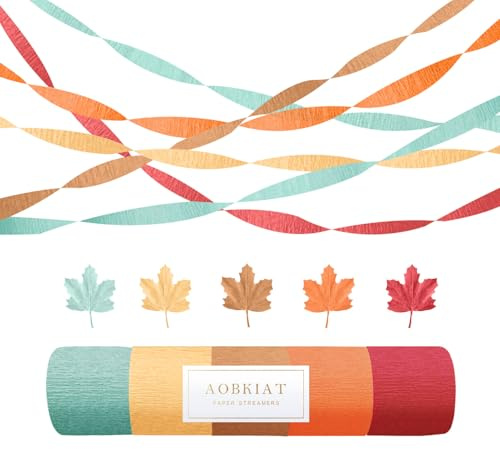 AOBKIAT Herbst Party Deko für Hochzeit,Harvest Krepppapier Luftschlangen | 5 Rollen mit Orange,Rot,Gelb,Braun,Seeblau Krepppapier Party Deco für Babyparty,DIY-Quaste,4,5 cm x 25 m/Rollen