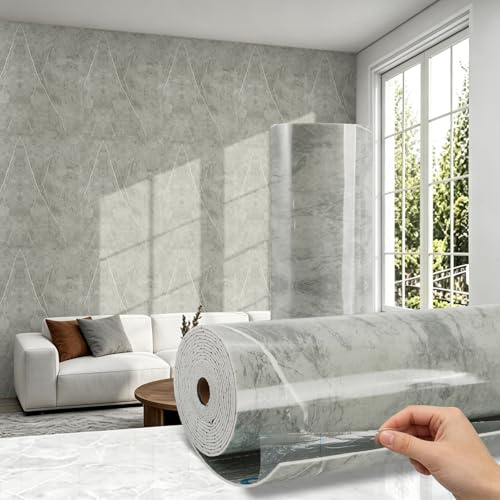 Trafagala Thick Self Adhesive Bathroom Wallpaper Waterproof Grey Marble Vinyl Wrap Damp Proof Foil Backed Anti Mould Wall Covering Thermal Wallpaper Peel and Stick to Cover Bad Walls Kitchen