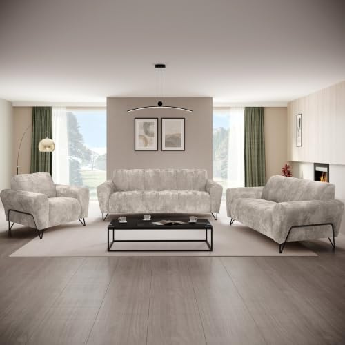 Polstergarnitur VOLARE mit Metallbeine in Schwarz, 3-Sitzer Sofa +2-Sitzer Sofa + Sessel (Creme (Vega 02))