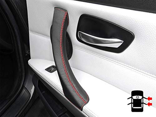 Black Leather Cover with Red Stitch for Interior Door Handle Compatible with BMW 3 Series E90 E91 E91 & M3 Red Colour for 323i