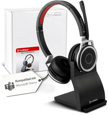 freeVoice Space Stereo NC inkl. Ladestation I Kabellose Kopfhörer mit Noise-Cancelling Mikrofon I Bluetooth Headset mit USB-A Dongle I Earphones für bis zu 10 h Gesprächszeit & mit 30 m Reichweite