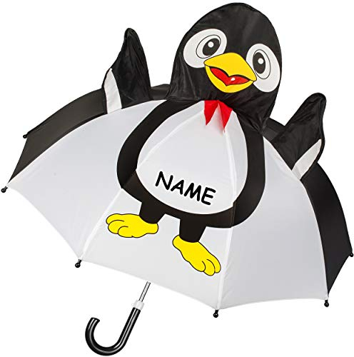 alles-meine.de GmbH 3D Effekt - Kinderschirm/Regenschirm - lustiger Pinguin - inkl. Name - Ø 75 cm - Kinder - Stockschirm - groß mit Griff - Einklemmschutz - Regenschirme - für..