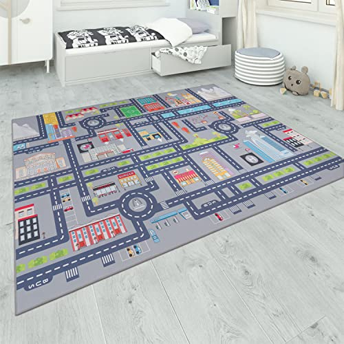 Paco Home Teppich Kinderzimmer Kinderteppich Spielteppich Straßenteppich rutschfest Mädchen Jungs, Grösse:200 cm Quadrat, Farbe:Grau