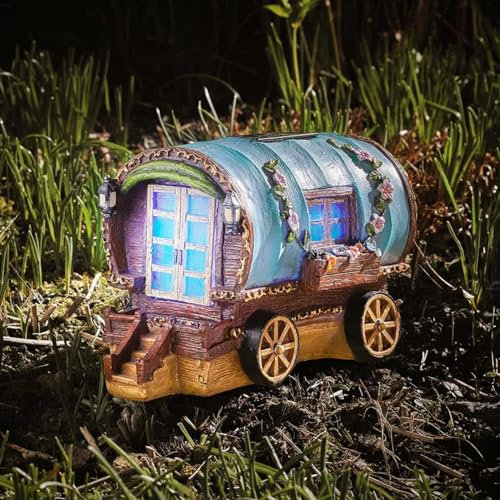 Garden Mile Solar Caravan Ornament Fairy House LED Lighting, Solar Powered Gypsy Rose Caravan Outdoor Weatherproof Decoration Sculpture with White or Colour Changing LED's