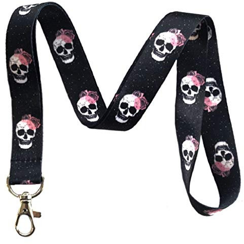 Execucat Schlüsselband mit Totenkopf und rosa Rosen