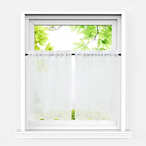 HeichkelL Scheibengardinen 2er Set Bistrogardine Voile Transparent Paarig Kurzstores Einfarbige Fensterschals Küche Vorhang Weiß BxH 76x61 cm*2
