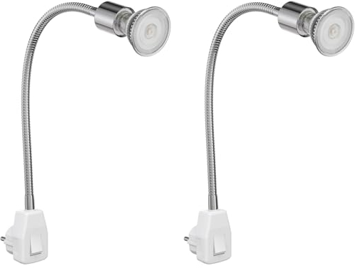 ledscom.de 2 Stück Steckdosenlampe LESCH Leselampe Schwanenhals Schalter Chrom + GU10 LED, PAR16, warmweiß, 6,05W, 374lm, 70°, 3-Stufen-Dimmer
