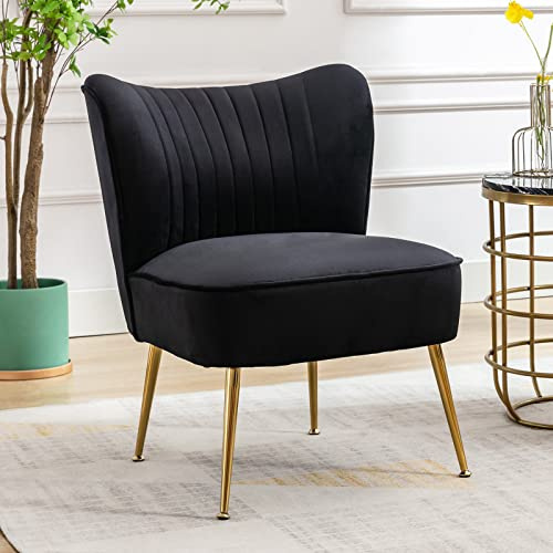 Wahson Fauteuils en Velours Fauteuil de Salon Confortable, Fauteuil Scandinave avec Pied Doré et Siège Épais, Chaise Salon Rembourrée pour Salon et Chambre, Noir