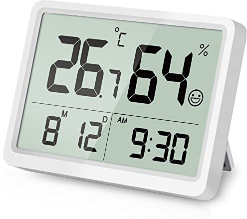 DOOMAY Termometro Digitale Igrometro per Interni: Piccolo e preciso misuratore di temperatura e umidità con grandi cifre LCD e ora data, igrometro ambientale calibrabile per la casa Garage (Bianco)