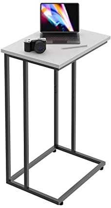 InnerJoin Breiter C-Beistelltisch, C-förmiger Beistelltisch mit Metallrahmen, kleiner Snack Beistelltisch für Couch und Bett, Retro Laptop C Beistelltisch, Industriestil, Weiß