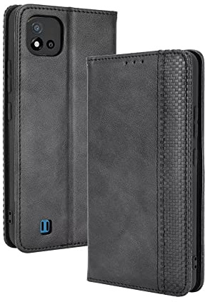 EASSGU Handyhülle für Realme C11 (2021) (6.52 Inches) Flip Folio PU Leder Magnetschalter Schutzhülle, [3 Kartenfach] [1 Wallet] Stand Case - Schwarz